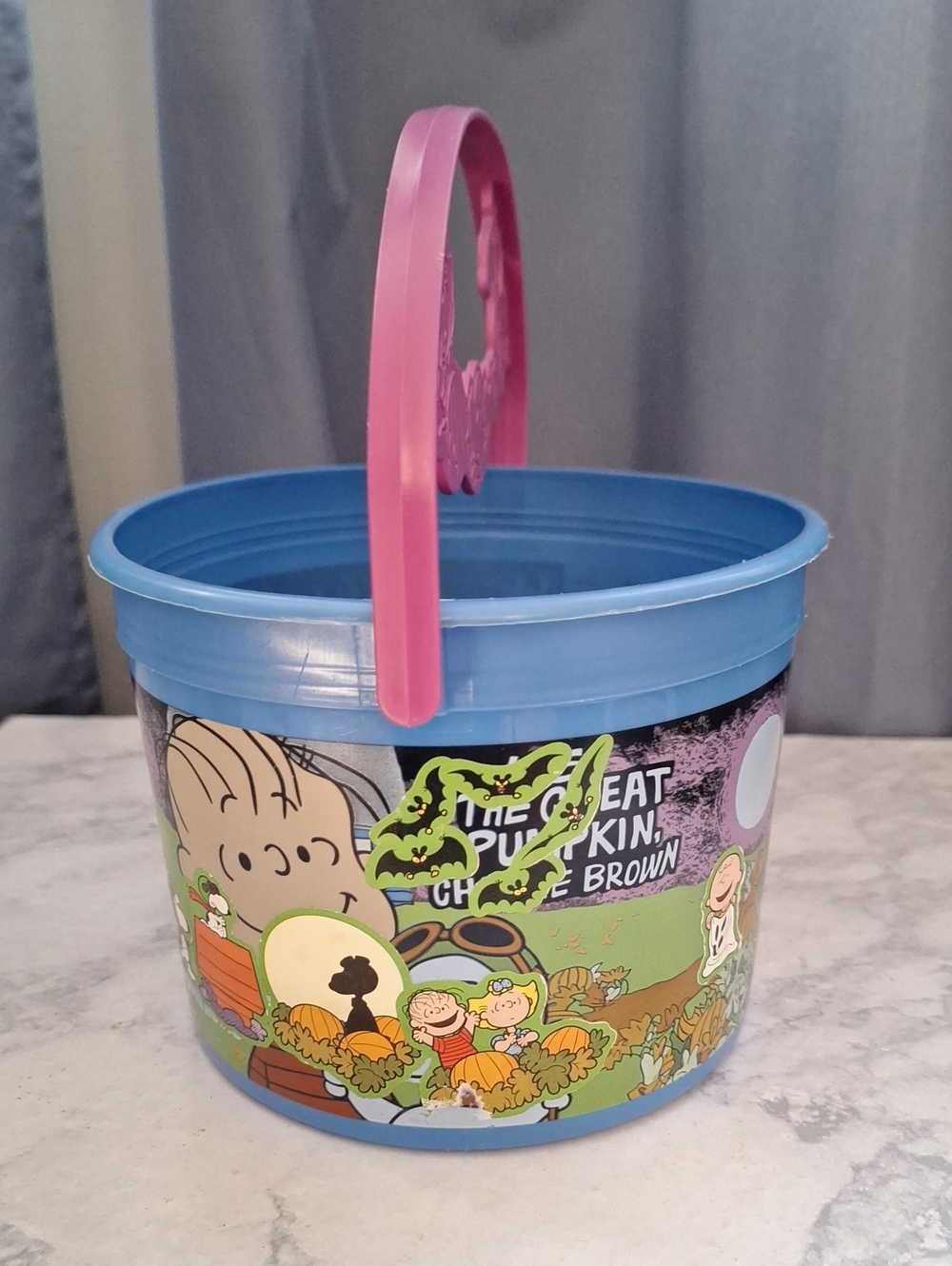 Peanuts Blue Bucket with Pink Handle and Character Print